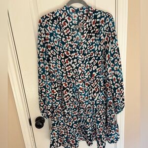 Boutique Size M Teal Leopard Print Tiered Babydoll Dress Long Sleeve Spring